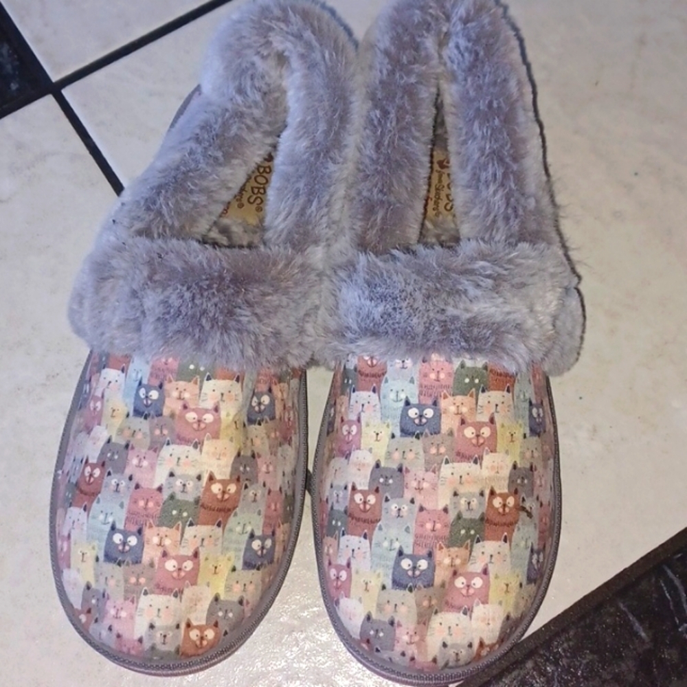 BOBS Skechers Too Cozy Kitty Cat Slipper Gray Multi Size 6